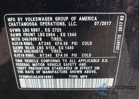 2018 Volkswagen Atlas 3.6L V6 Sel из США, поврежденный, VIN 1V2MR2CA2JC516351